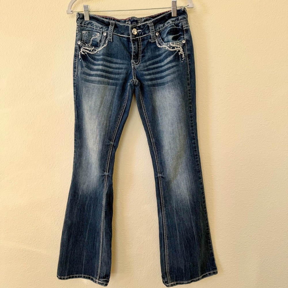 Y2K Low Rise Jeans Bootcut Embellished Rhinestone Stitching McBling Cargo Pocket